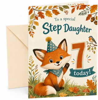 Step Daughter 7th Birthday Card Cute Fox and Autumn Leaves