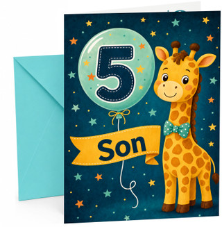Son 5th Birthday Card with Giraffe and Number 5 Balloon