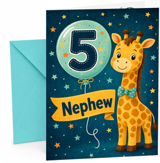 Nephew 5th Birthday Card Cute Giraffe and Number 5 Balloon
