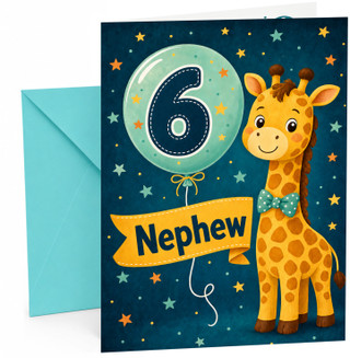 Nephew 6th Birthday Card Cute Giraffe and Number 6 Balloon
