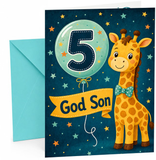 God Son 5th Birthday Card Giraffe and Number 5 Balloon