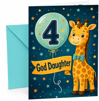 God Daughter 4th Birthday Card Giraffe and Number 4 Balloon