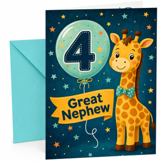 Great Nephew 4th Birthday Card Giraffe with Number 4 Balloon