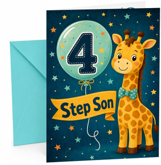 Step Son 4th Birthday Card Giraffe with Number 4 Balloon