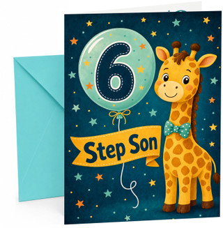 Step Son 6th Birthday Card Giraffe with Number 6 Balloon