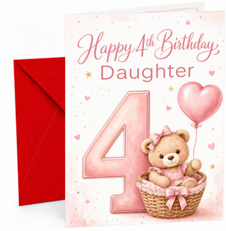 Daughter 4th Birthday Card Teddy Bear in Basket and Pink