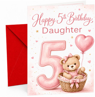 Daughter 5th Birthday Card Teddy Bear in Basket and Heart