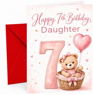 Daughter 7th Birthday Card Cute Bear in Basket Heart Balloon