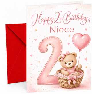 Niece 2nd Birthday Card Pink Teddy in Basket & Heart Balloon