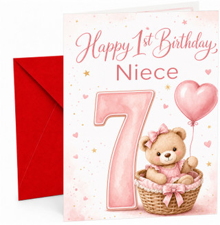 Niece 7th Birthday Card Pink Teddy in Basket with Heart Balloon