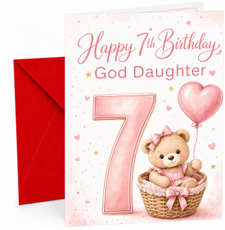 God Daughter 7th Birthday Card Teddy in Basket Heart Balloon