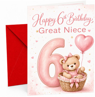Great Niece 6th Birthday Card Teddy in Basket & Heart Balloon