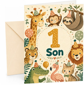 Son 1st Birthday Card Jungle Animals Party Hats