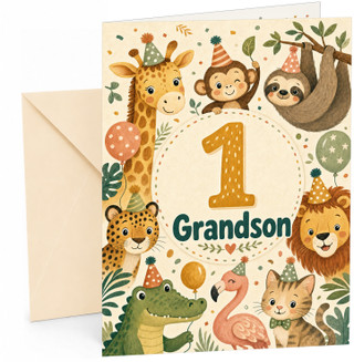 Grandson 1st Birthday Card Jungle Animals Party Hats