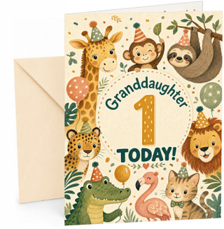 Granddaughter 1st Birthday Card Safari Animals Party Hats
