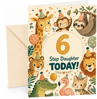Step Daughter 6th Birthday Card Safari Animals Party Hats