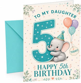 Daughter 5th Birthday Card Cute Elephant with Big Number 5