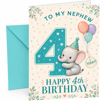 Nephew 4th Birthday Card Cute Elephant with Big Number 4