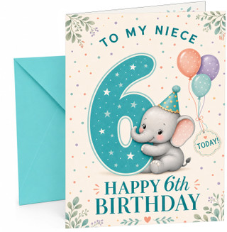 Niece 6th Birthday Card Cute Elephant with Big Number 6