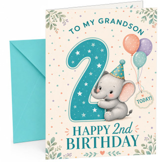 Grandson 2nd Birthday Card Elephant with Big Number 2 &