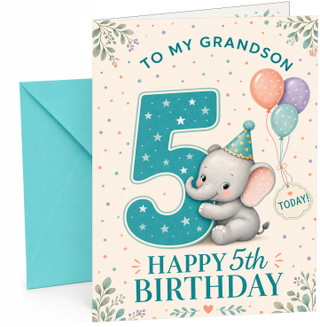 Grandson 5th Birthday Card Elephant with Big Number 5 Balloons