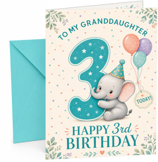 Granddaughter 3rd Birthday Card Elephant with Big Number 3
