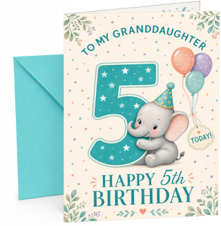 Granddaughter 5th Birthday Card Elephant with Big 5 & Balloons