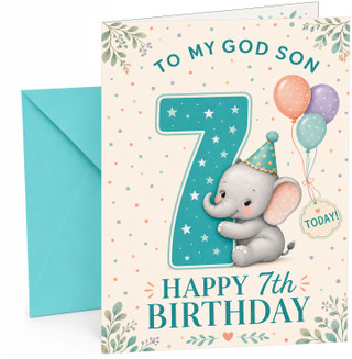 God Son 7th Birthday Card Elephant with Big Starry Number 7