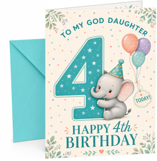 God Daughter 4th Birthday Card Elephant & Balloons Big Number 4