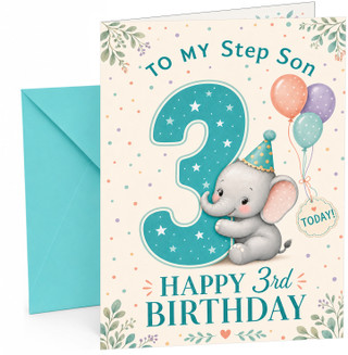 Step Son 3rd Birthday Card Cute Elephant & Big Number 3