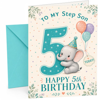 Step Son 5th Birthday Card Cute Elephant with Big Number 5