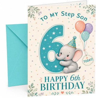 Step Son 6th Birthday Card Elephant with Big Starry 6 &