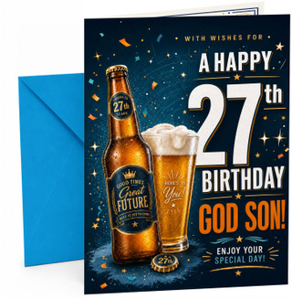 God Son 27th Birthday Card Beer Bottle and Pint Confetti