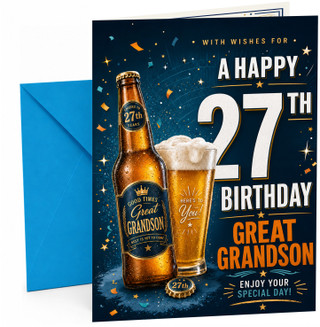 Great Grandson 27th Birthday Card Beer Bottle and Pint Glass