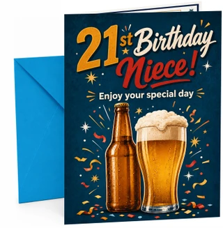 Niece 21st Birthday Card Beer Bottle and Pint Glass Confetti