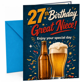 Great Niece 27th Birthday Card Beer Bottle and Pint Confetti