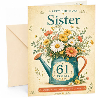 Sister 61st Birthday Card Floral Watering Can Bouquet