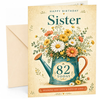 Sister 82nd Birthday Card Watering Can Wildflower Bouquet