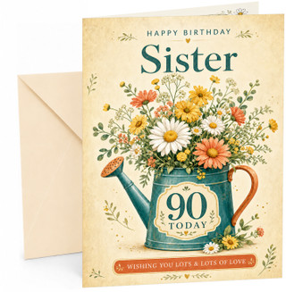 Sister 90th Birthday Card Watering Can Wildflower Bouquet