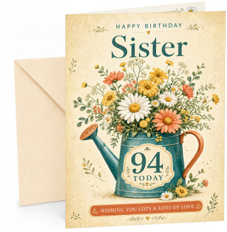 Sister 94th Birthday Card Watering Can Wildflower Bouquet