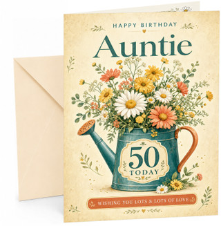 Auntie 50th Birthday Card Watering Can Wildflower Bouquet