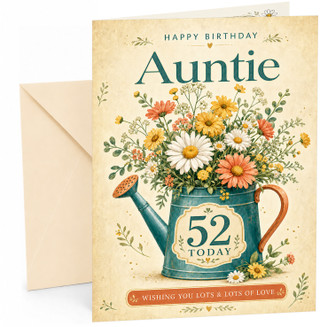 Auntie 52nd Birthday Card Floral Watering Can Bouquet