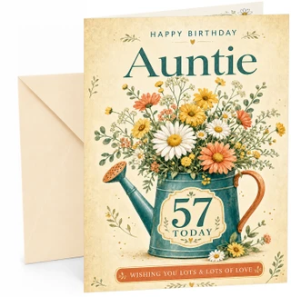 Auntie 57th Birthday Card Floral Watering Can Bouquet