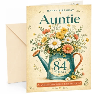Auntie 84th Birthday Card Watering Can Wildflower Bouquet