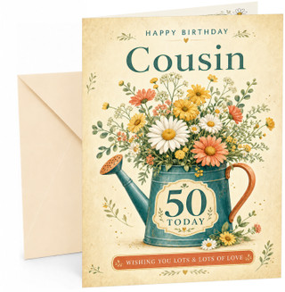 Cousin 50th Birthday Card Floral Watering Can Bouquet