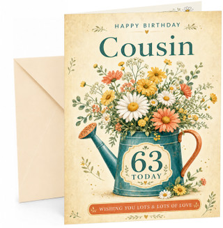 Cousin 63rd Birthday Card Watering Can Daisy Wildflower Bouquet