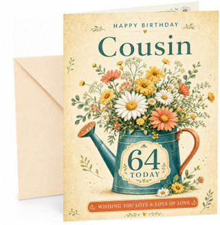 Cousin 64th Birthday Card Floral Watering Can Bouquet