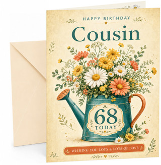 Cousin 68th Birthday Card Floral Watering Can Bouquet