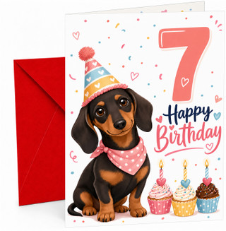 7th Birthday Card Cute Sausage Dog with Party Hat Cupcakes