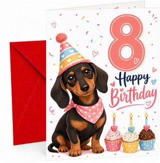 8th Birthday Card Cute Sausage Dog with Cupcakes